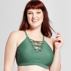 XHILARATION Women’s Plus Size Lace-Up High Neck swim top olive size 26W